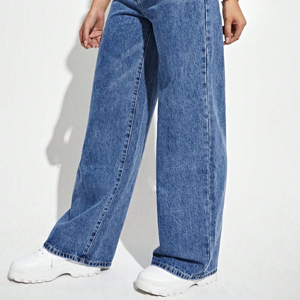 Dark Wash Casual Women's High Waist Wide Leg Jeans - Picture 4 of 6